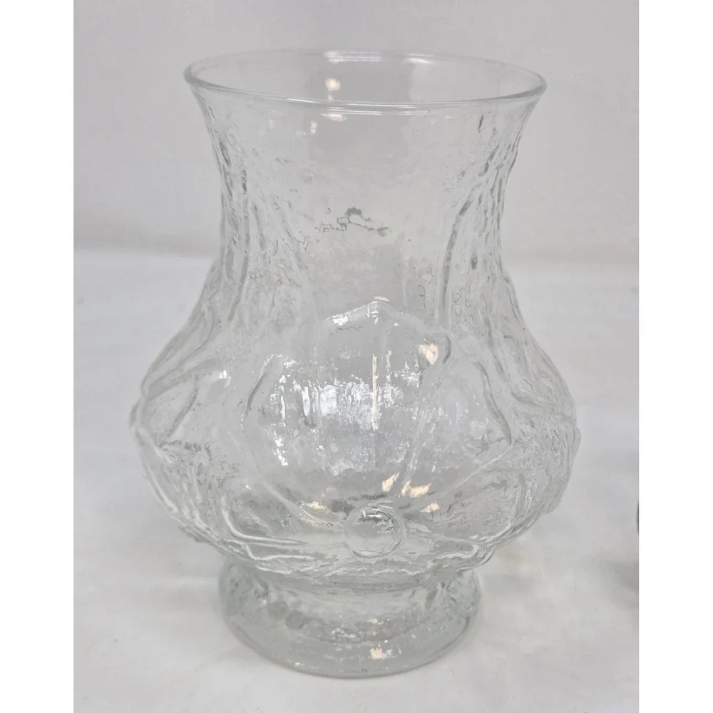 Vintage Crinkle Glass Vase Pair Clear MCM Pedestal Florist Vases Set of 2